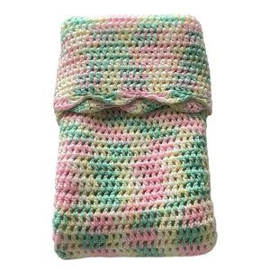 Handmade Baby Blanket Afghan Crochet Knit Pink Yellow Green & White Scalloped